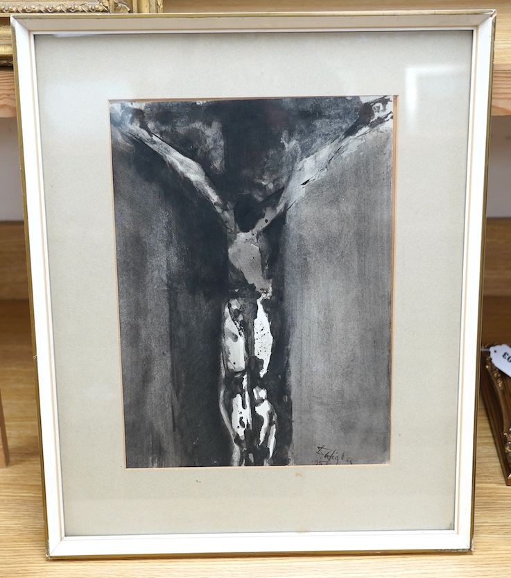 Denis Higbee (b.1925), monochrome watercolour, ‘Crucifixion’, signed and dated 1956, The Redfern Gallery label verso, 37cm x 26cm. Condition - good